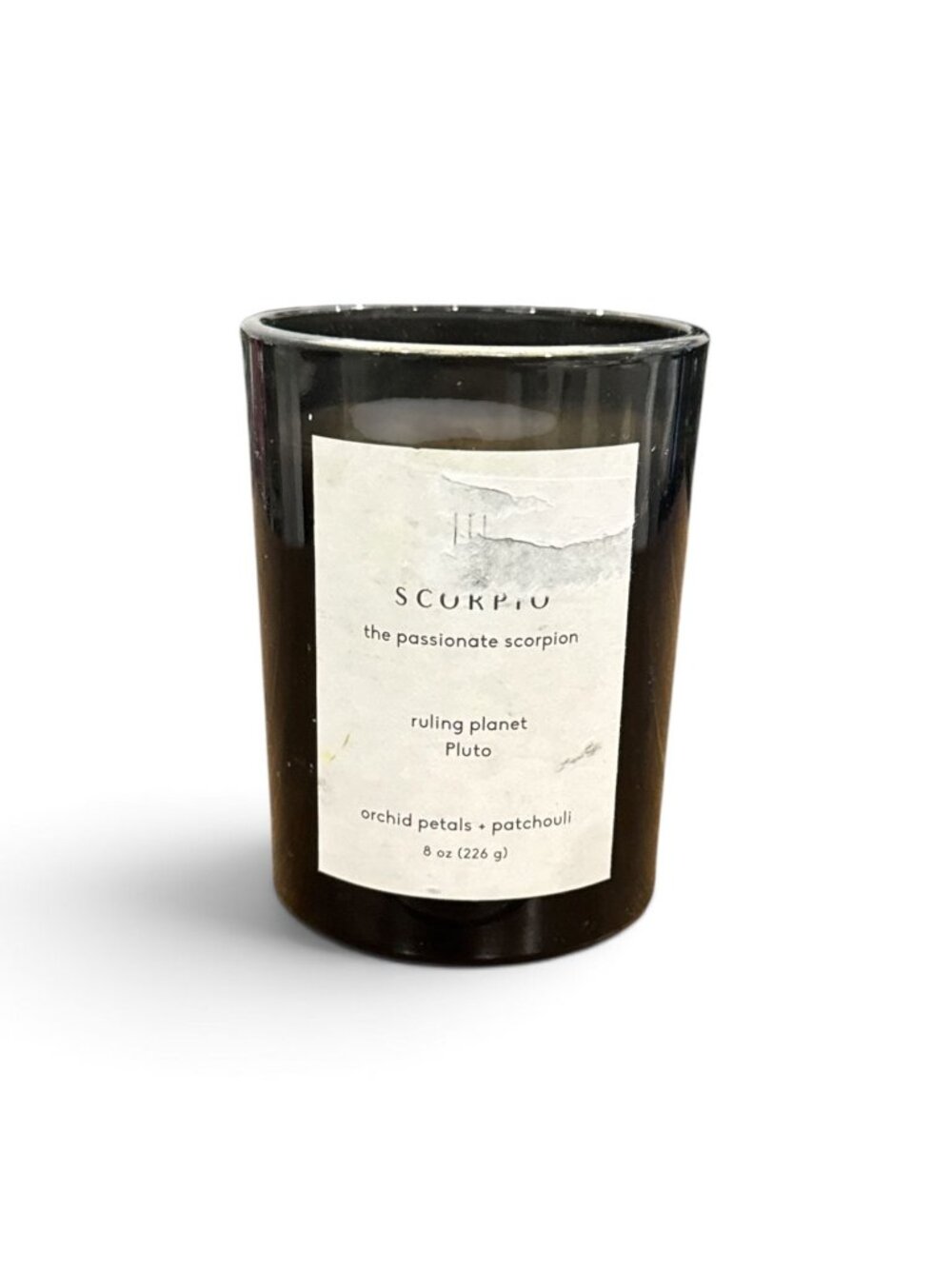 Scorpio-Themed Candle Orchid Petals & Patchouli Scent 8 Oz Black Glass Jar Thres